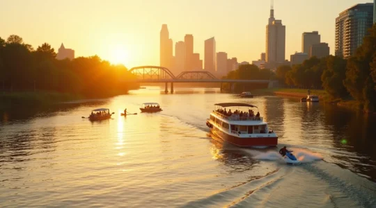 Vue panoramique du fleuve Saint-Laurent à Montréal avec plusieurs activités nautiques, kayaks, paddle, jet-ski et une croisière au coucher du soleil