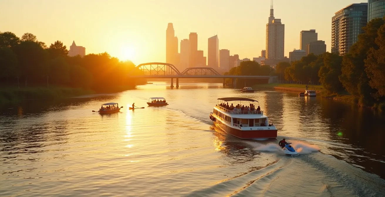 Vue panoramique du fleuve Saint-Laurent à Montréal avec plusieurs activités nautiques, kayaks, paddle, jet-ski et une croisière au coucher du soleil