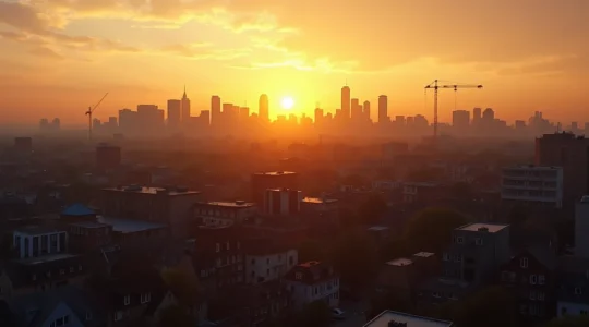 Vue panoramique de Montréal montrant différents quartiers avec ambiance distincte, sous une lumière dorée