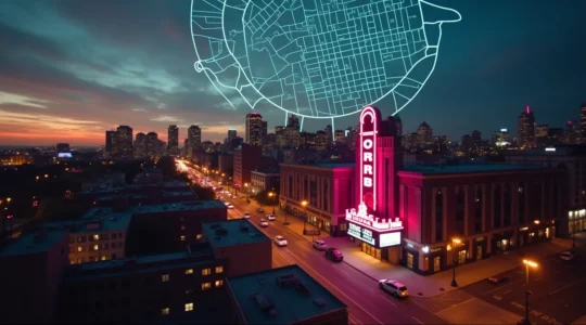 Vue aérienne stylisée des salles et événements musicaux emblématiques de Montréal en soirée