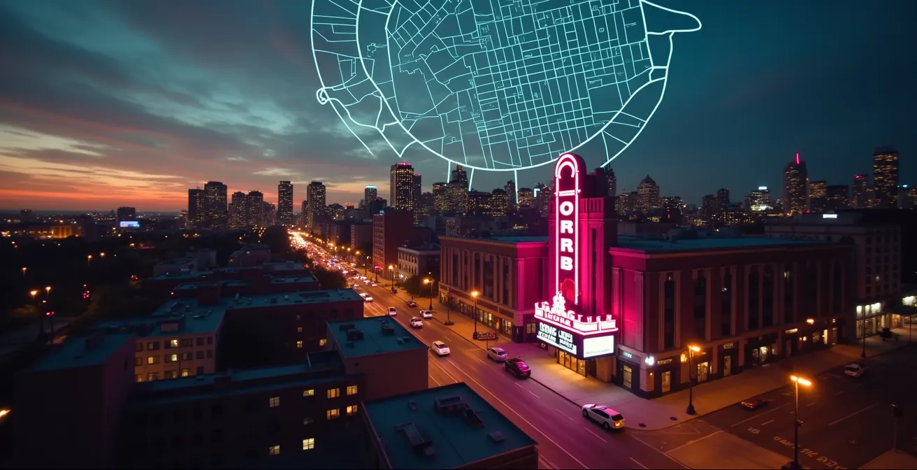 Vue aérienne stylisée des salles et événements musicaux emblématiques de Montréal en soirée