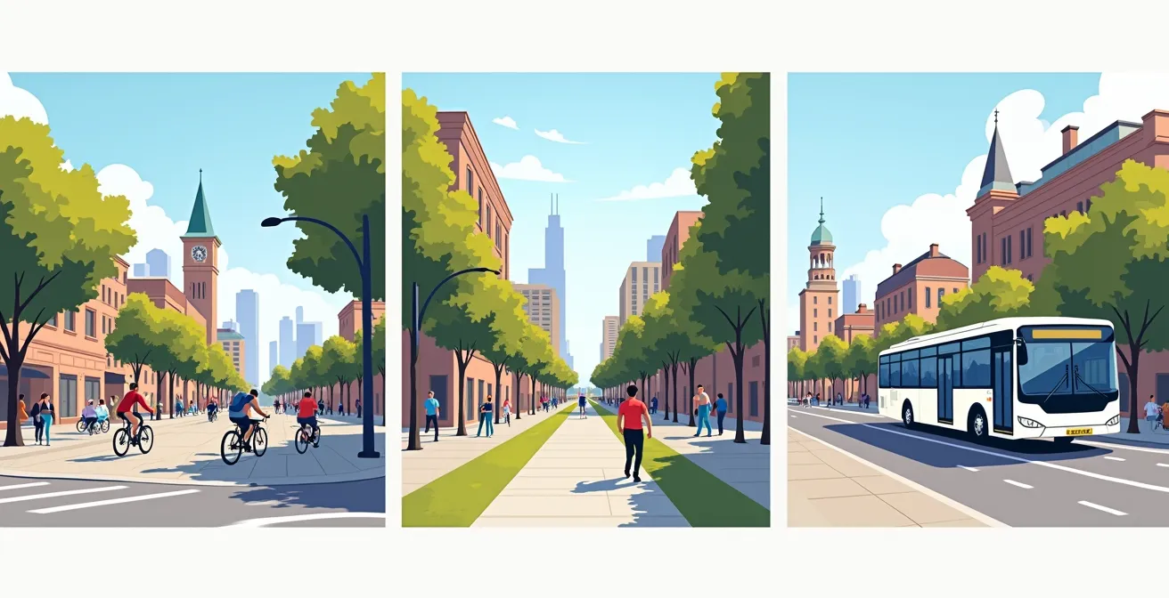 Comparaison visuelle des trois modes de visite guidée : marche, vélo et bus dans des environnements montréalais typiques