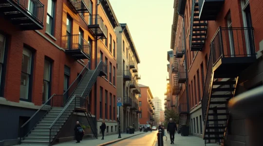 Vue panoramique d'une rue typique du Plateau Mont-Royal à Montréal avec ses escaliers extérieurs en fer forgé, bâtiments en brique et le mélange architectural montréalais.