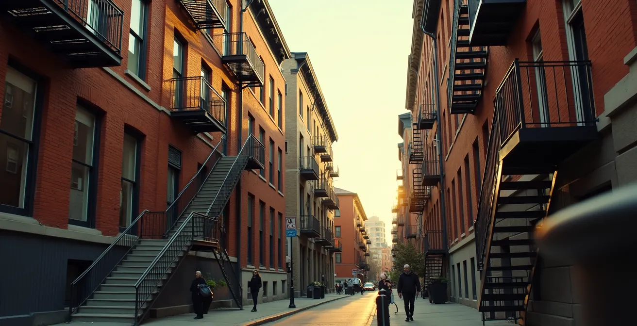 Vue panoramique d'une rue typique du Plateau Mont-Royal à Montréal avec ses escaliers extérieurs en fer forgé, bâtiments en brique et le mélange architectural montréalais.