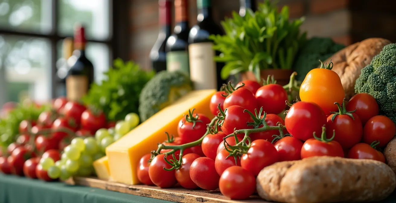 Composition colorée de produits locaux et artisanaux du marché Jean-Talon avec mise en valeur des saveurs uniques