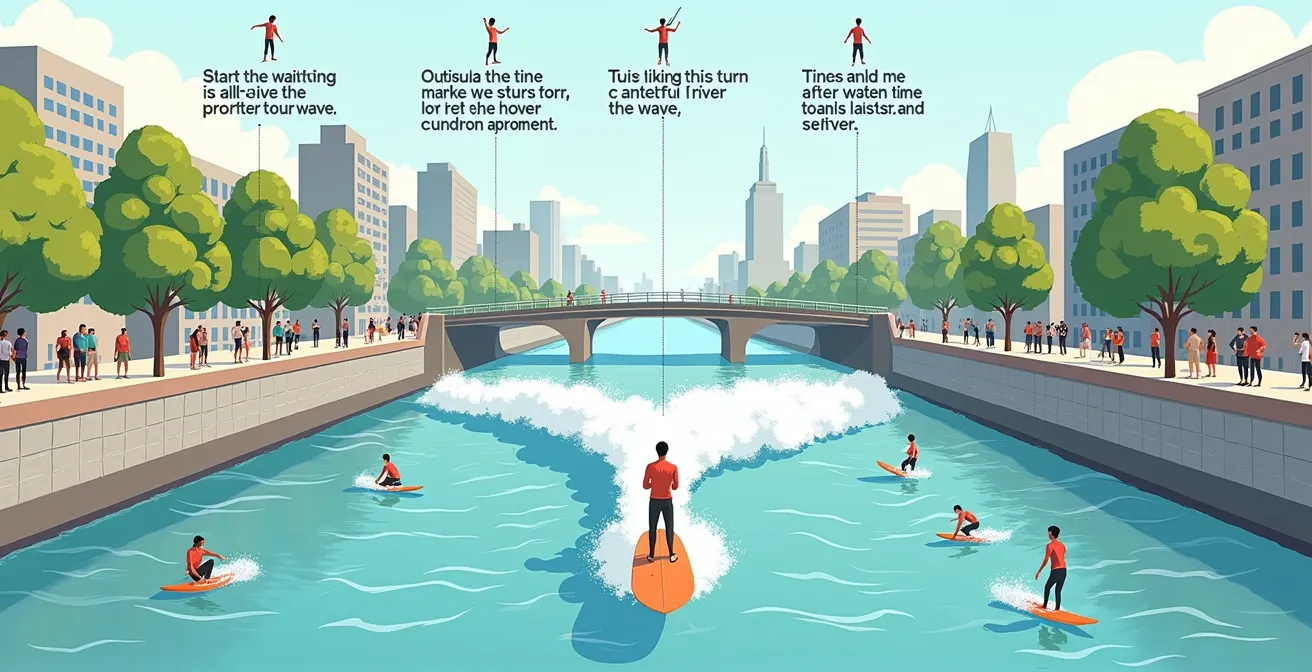 Illustration montrant les règles de courtoisie entre surfeurs sur une vague éternelle urbaine