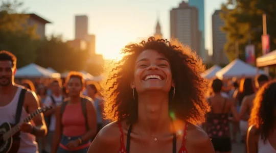 Scène animée d'un festival à Montréal avec foule joyeuse en extérieur, musique live, et ambiance festive détendue