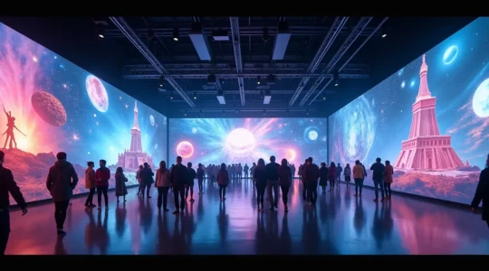 Vue panoramique d'une exposition immersive à Montréal montrant des projections lumineuses colorées et des visiteurs captivés