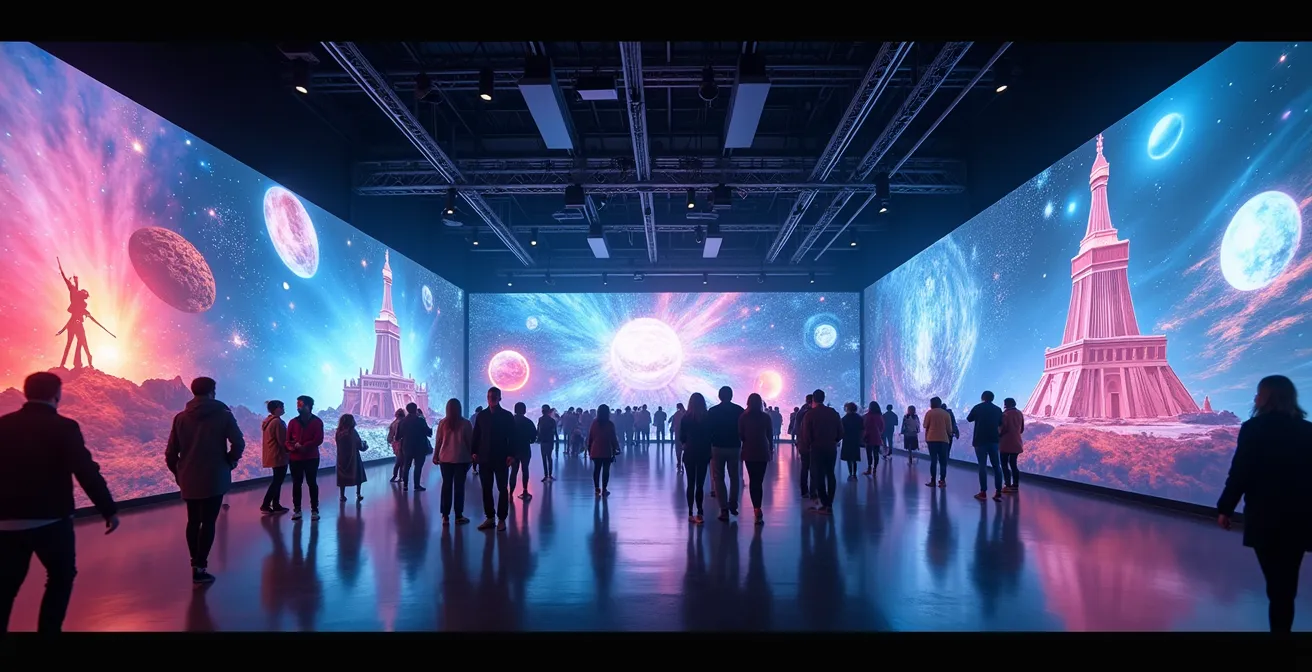 Vue panoramique d'une exposition immersive à Montréal montrant des projections lumineuses colorées et des visiteurs captivés