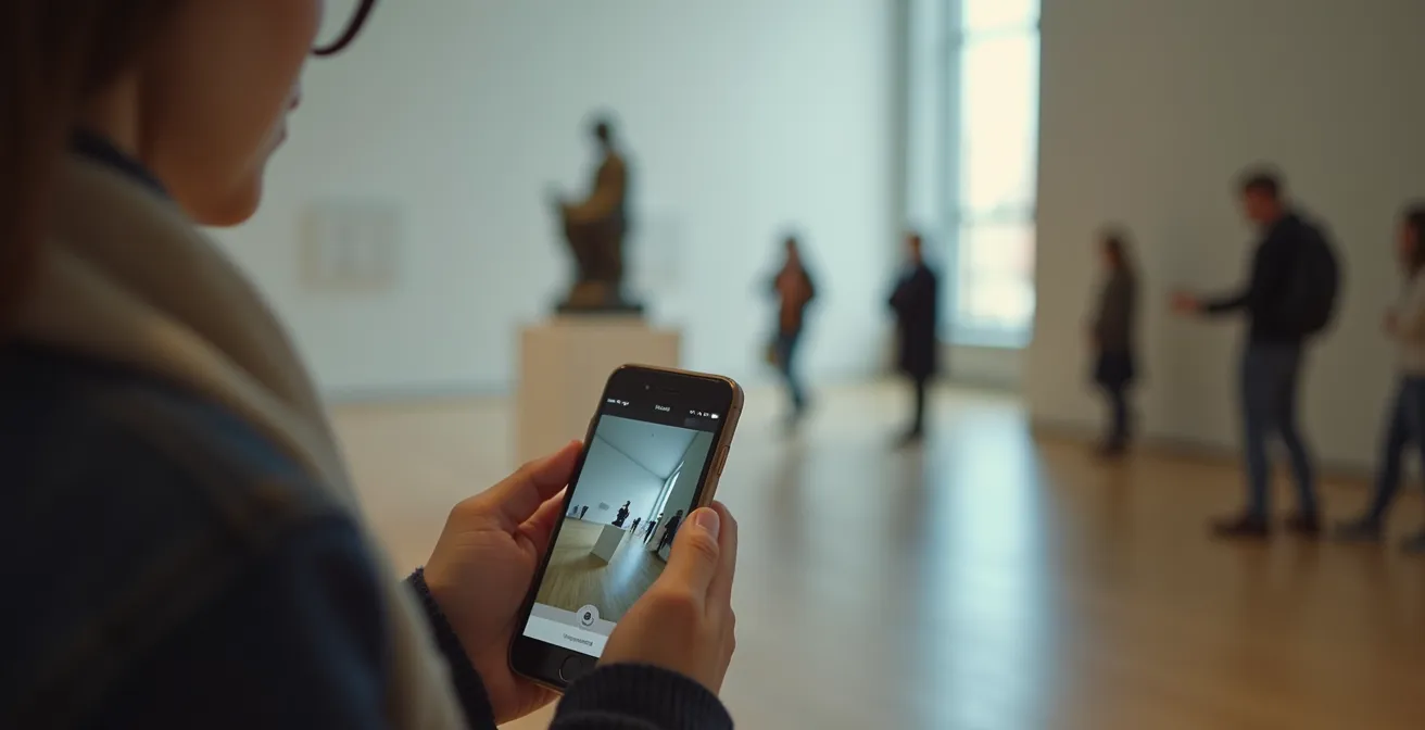 Personne utilisant une application mobile pour un guide audio dans un musée de Montréal