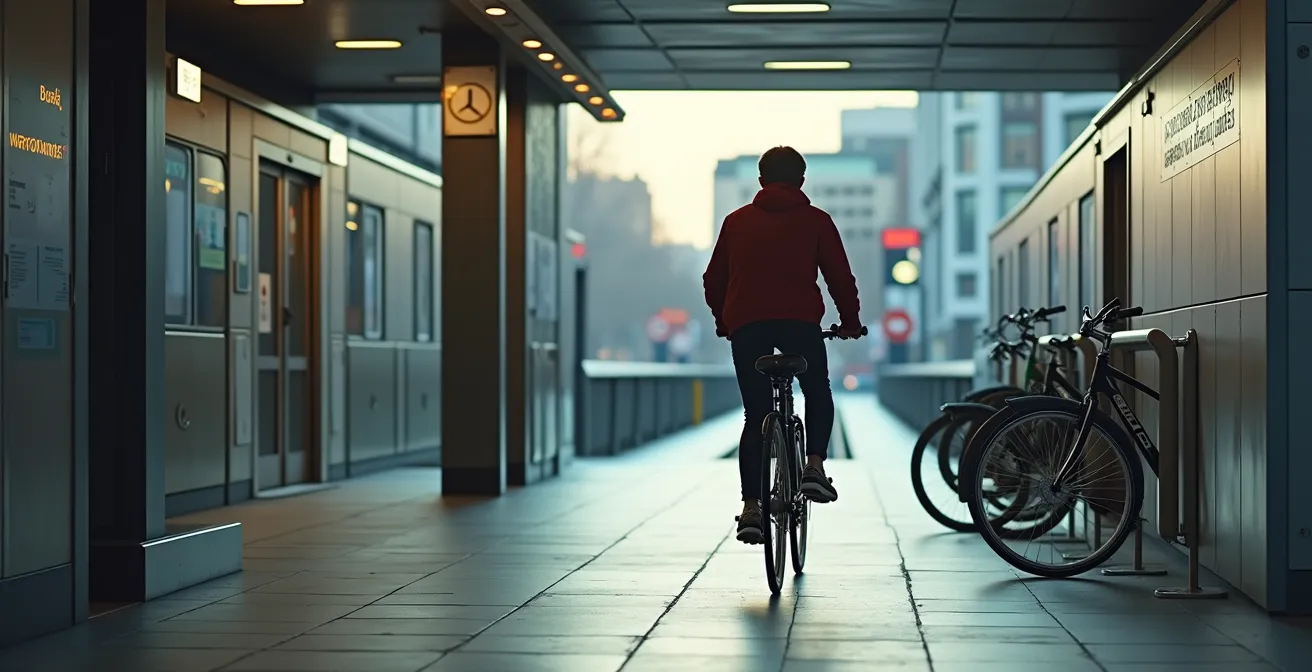 Cycliste utilisant l'intermodalité vélo-métro à une station de Montréal avec supports sécurisés