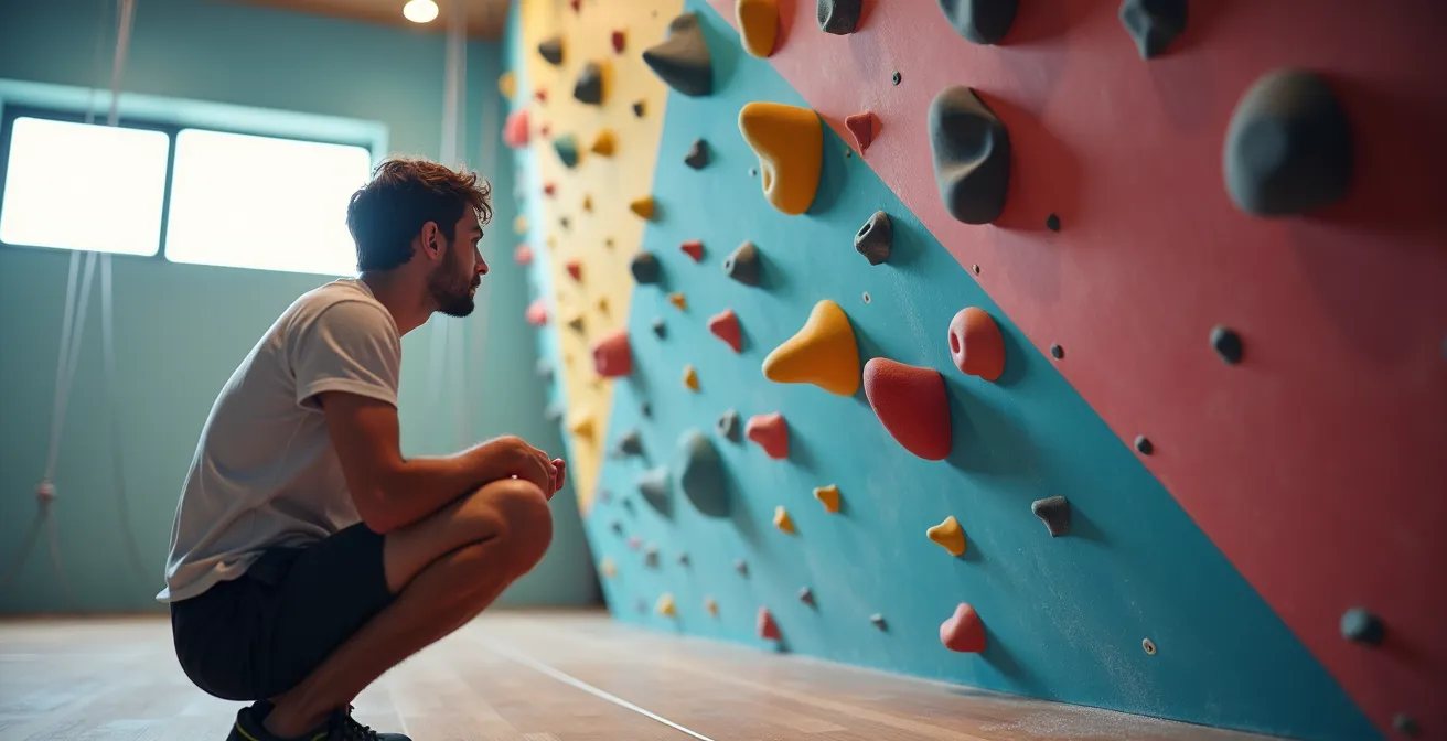 Grimpeur étudiant un parcours de bloc coloré dans une salle moderne.