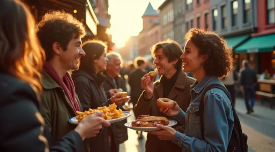 Scène animée d'une rue typique de Montréal avec des passants découvrant des spécialités locales comme la poutine, un bagel et du smoked meat, entourés de marchés publics et de cafés.