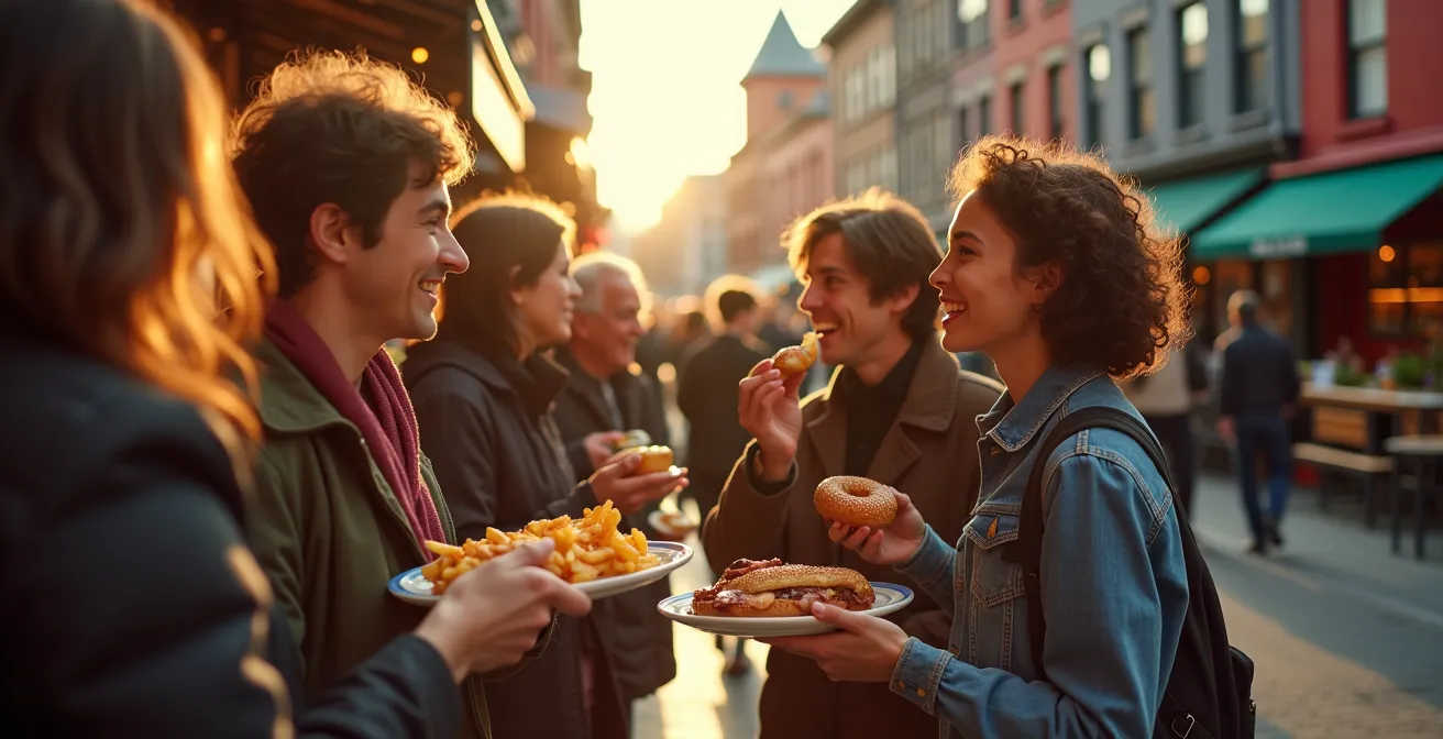 Scène animée d'une rue typique de Montréal avec des passants découvrant des spécialités locales comme la poutine, un bagel et du smoked meat, entourés de marchés publics et de cafés.