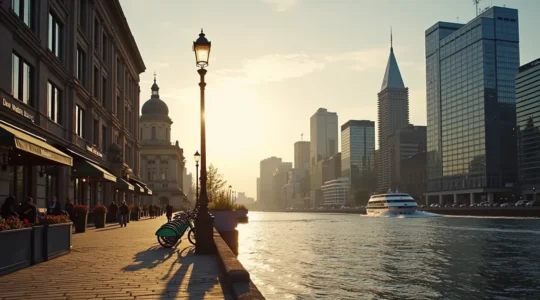Vue panoramique de Montreal contrastant le Vieux-Montreal et le centre-ville moderne au coucher du soleil