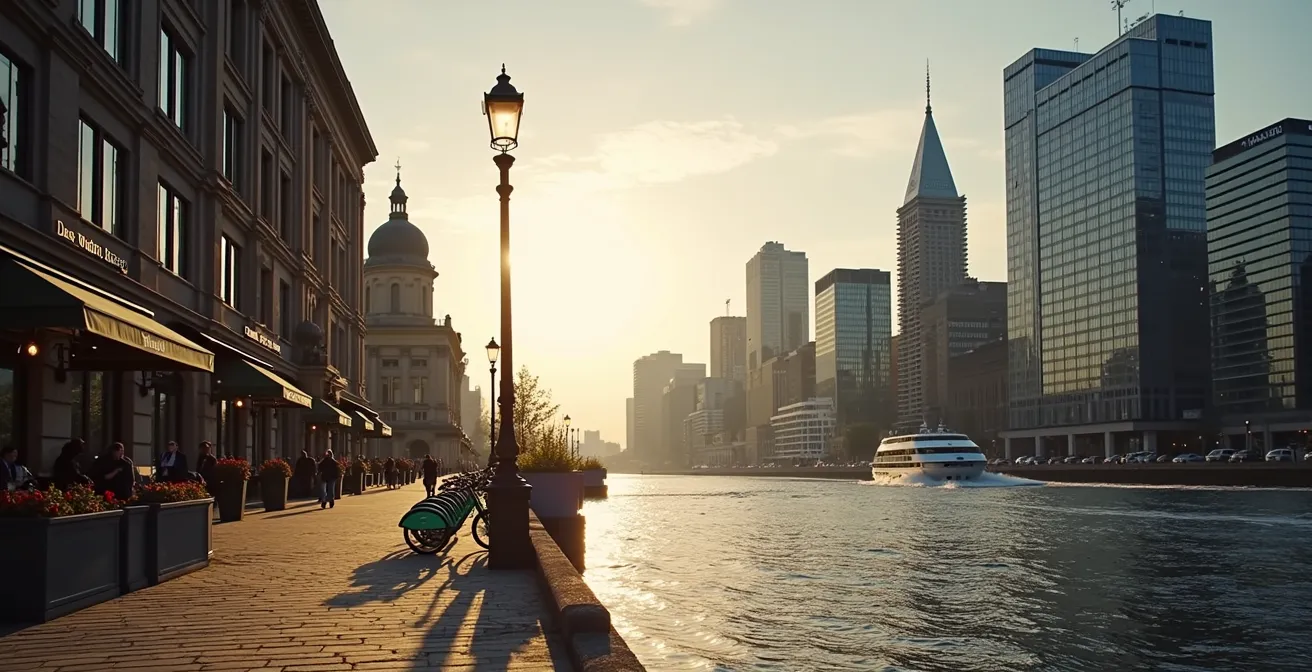 Vue panoramique de Montreal contrastant le Vieux-Montreal et le centre-ville moderne au coucher du soleil