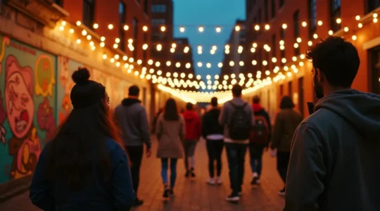 Vue plongeante sur Montréal combinant art de rue, scène musicale et atelier créatif