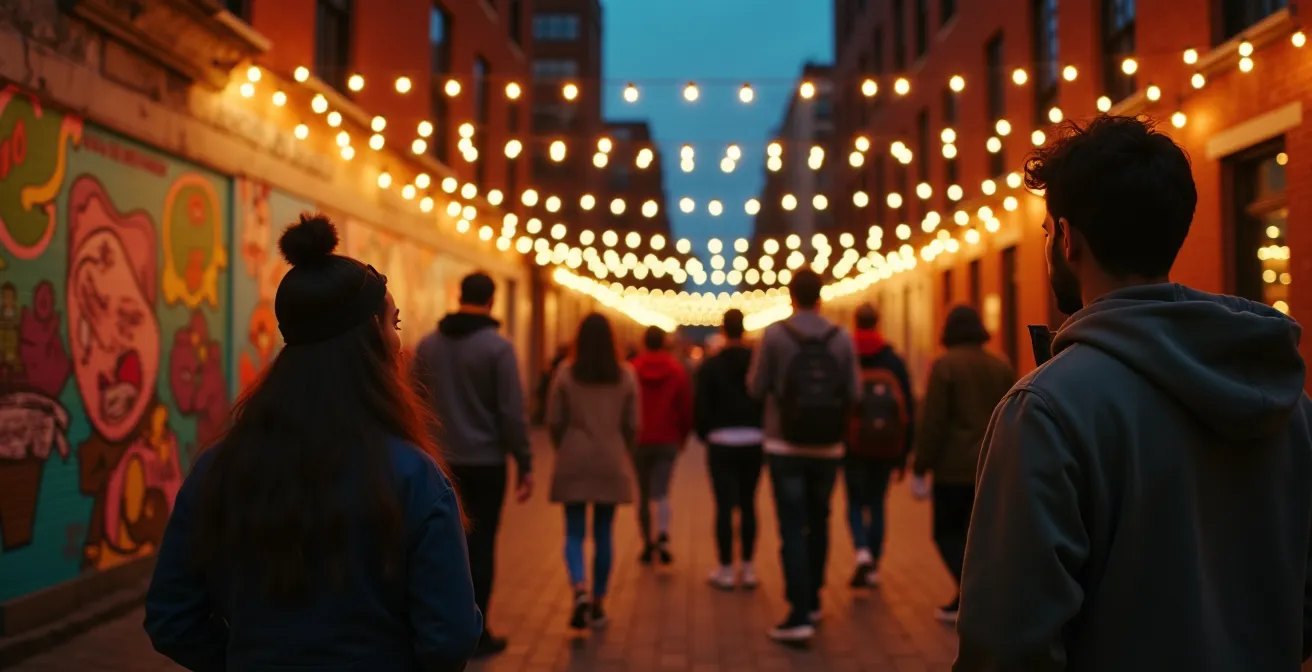 Vue plongeante sur Montréal combinant art de rue, scène musicale et atelier créatif