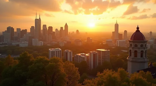 Vue panoramique de Montréal avec ses principales attractions touristiques emblématiques sous une lumière douce et atmosphérique.