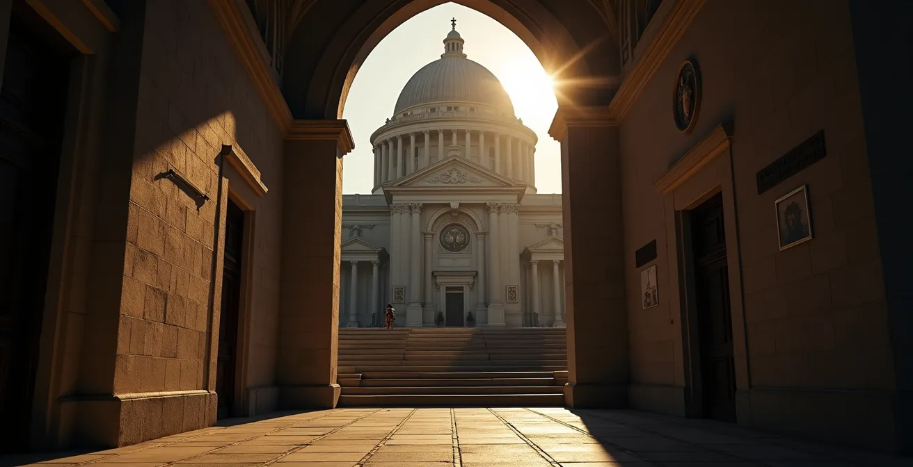 Photographie artistique de l'Oratoire Saint-Joseph, montrant le contraste architecturale entre la crypte modeste et le dôme impressionnant au coucher du soleil.