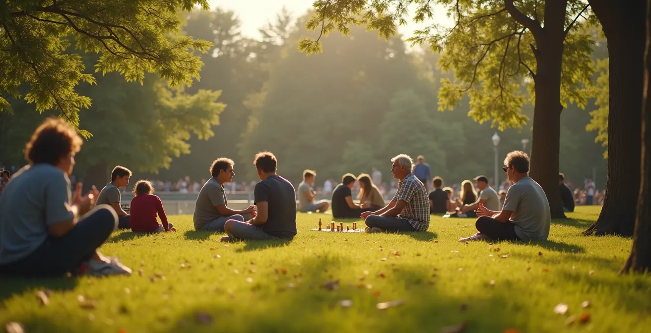 Vue dynamique montrant diverses activités dans les parcs de Montréal : sportifs, musiciens, joueurs d’échecs et familles