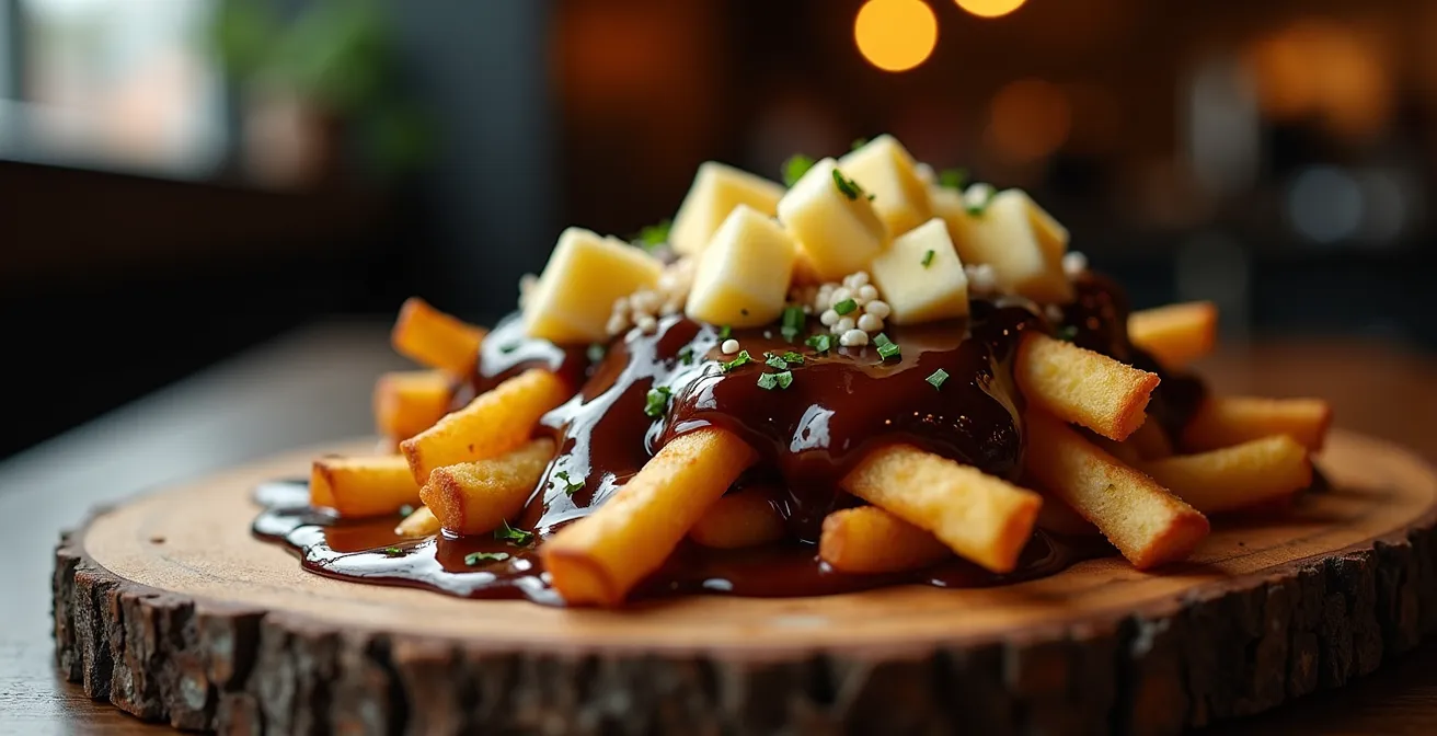 Photographie d'une poutine végétalienne avec des frites croustillantes, une sauce riche et du fromage végétal, servie dans un restaurant branché du Mile End.