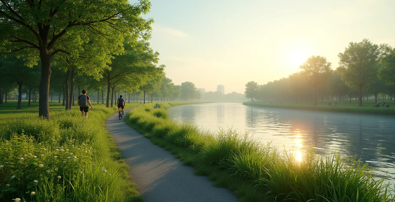 Sentier vert serpentant le long des berges du fleuve Saint-Laurent à Montréal avec randonneurs et cyclistes
