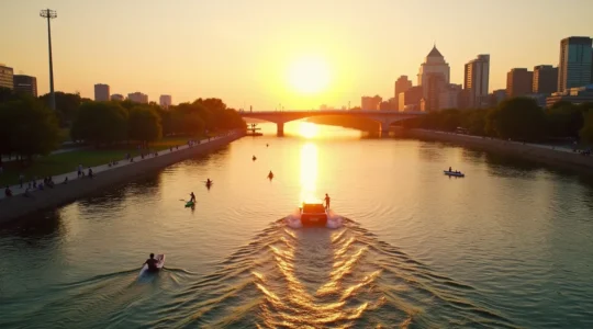 Vue panoramique du fleuve Saint-Laurent à Montréal avec des activités nautiques et les berges réaménagées