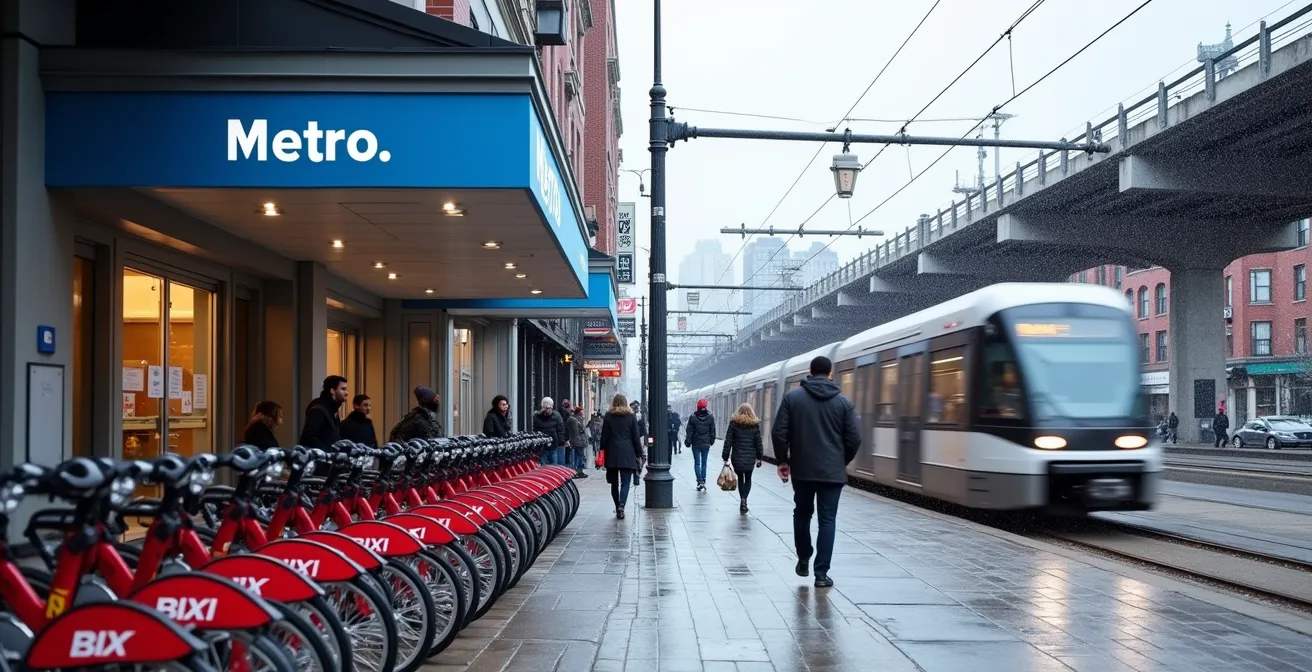 Combinaisons de transport a Montreal avec metro BIXI marche et REM