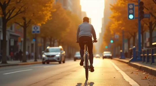 Cycliste confident circulant sur une piste protégée du REV à Montréal en automne