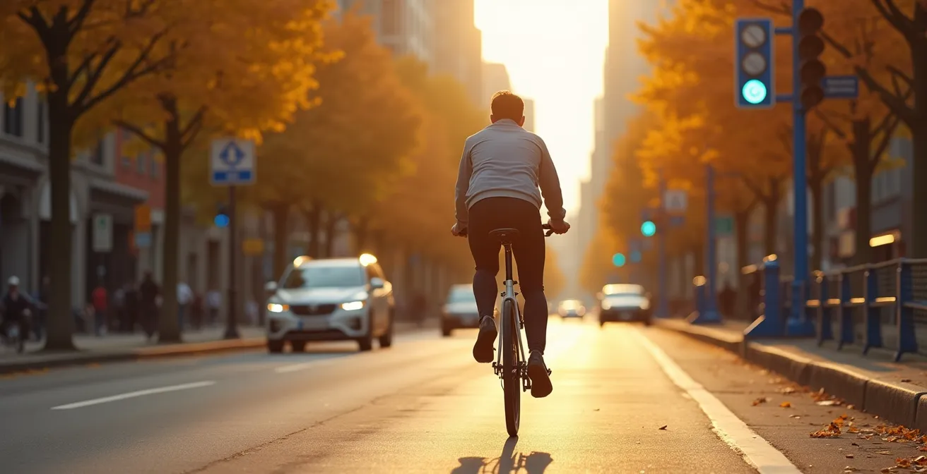 Cycliste confident circulant sur une piste protégée du REV à Montréal en automne