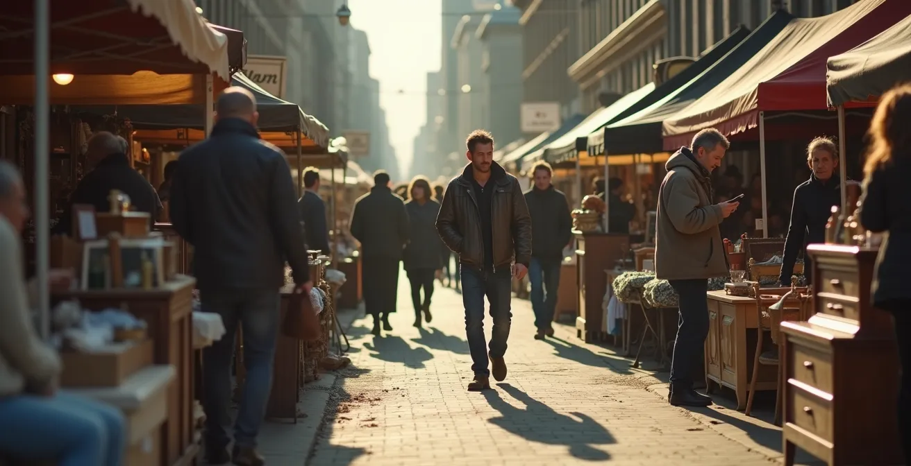 Scène animée d’une vente-trottoir montréalais avec objets vintage et négociateurs en action