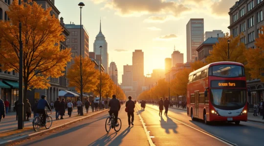 Vue panoramique de Montréal avec des modes de visite représentant la ville à pied, à vélo et en bus