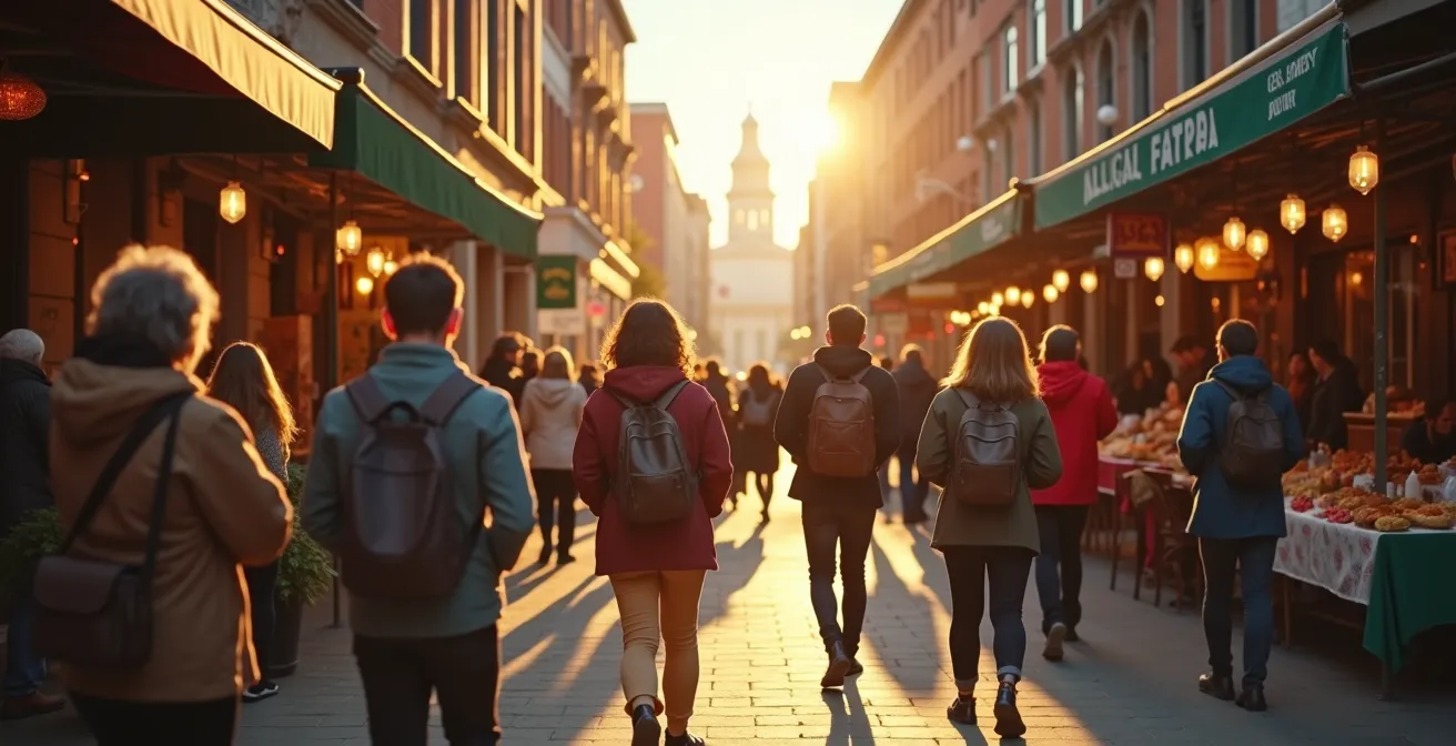 Scène colorée et animée dans un quartier montréalais avec éléments d'histoire, design, gastronomie et multiculturalisme