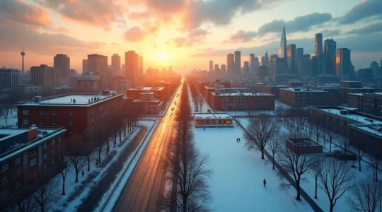Une vue panoramique de Montréal montrant la ville en été avec des terrasses animées et des parcs verdoyants, contrastant avec des scènes hivernales de patinoires et de rues enneigées, symbolisant les saisons.