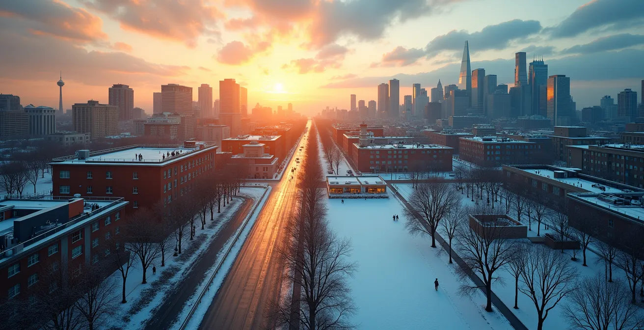 Une vue panoramique de Montréal montrant la ville en été avec des terrasses animées et des parcs verdoyants, contrastant avec des scènes hivernales de patinoires et de rues enneigées, symbolisant les saisons.
