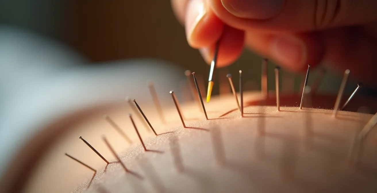 Séance d'acupuncture montrant les points d'insertion des aiguilles sur un patient dans une clinique canadienne