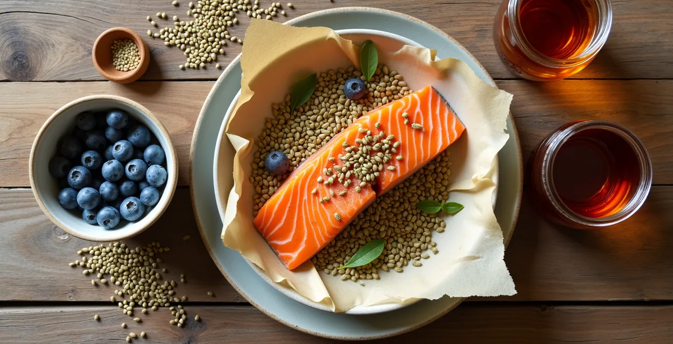 Table vue de haut avec aliments anti-stress canadiens disposés harmonieusement