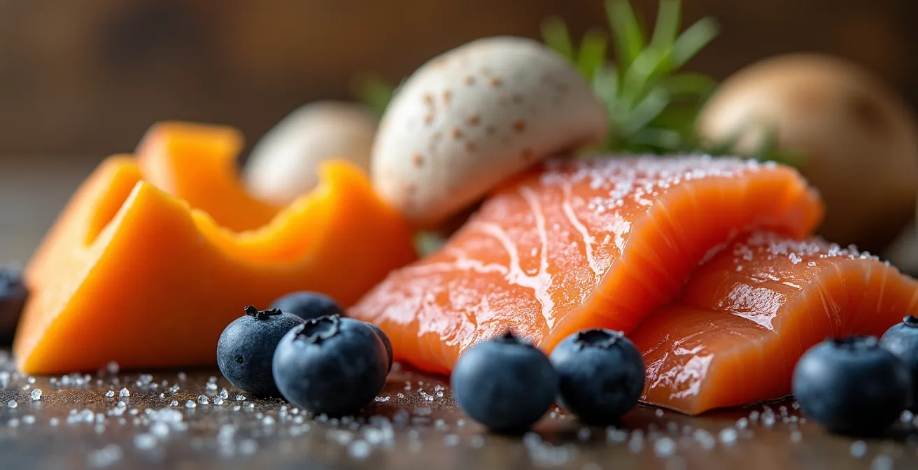 Composition d'aliments locaux canadiens riches en nutriments anti-stress arrangés par saison