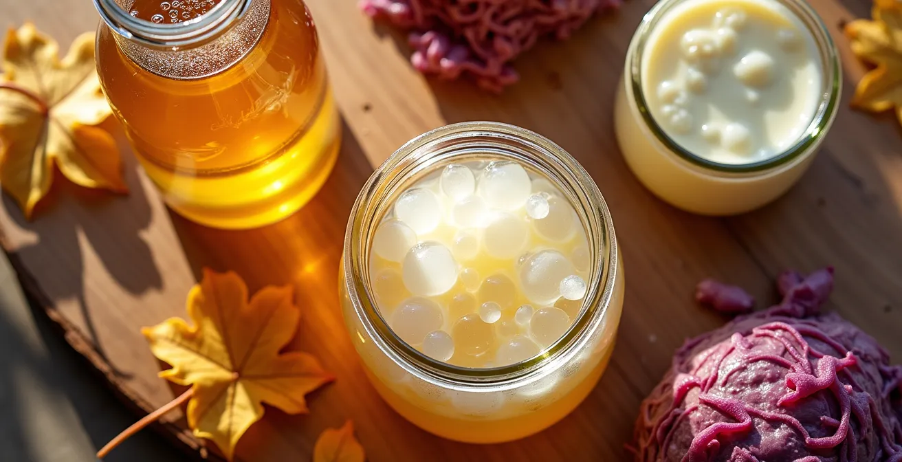 Nature morte d'aliments fermentés canadiens sur table en bois rustique