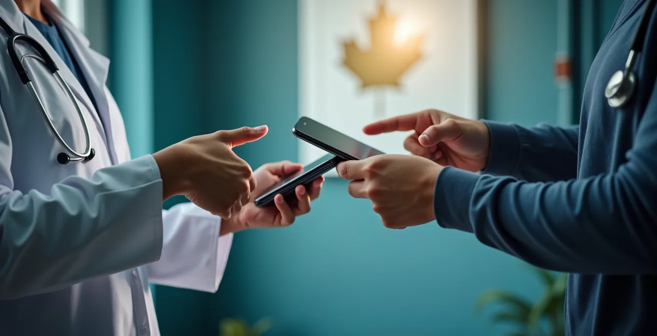 Mains tenant un smartphone avec des applications santé dans un cabinet médical canadien