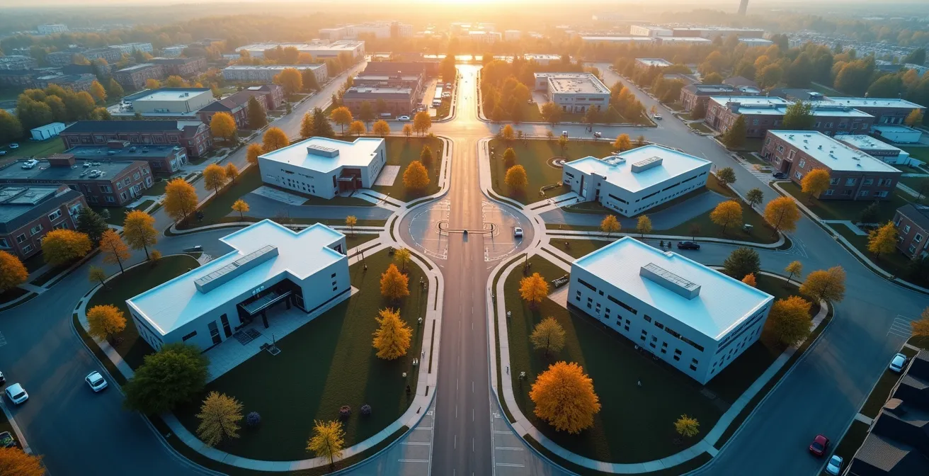 Vue aérienne d'un carrefour médical québécois avec différents chemins menant vers pharmacie, GMF, urgences et clinique