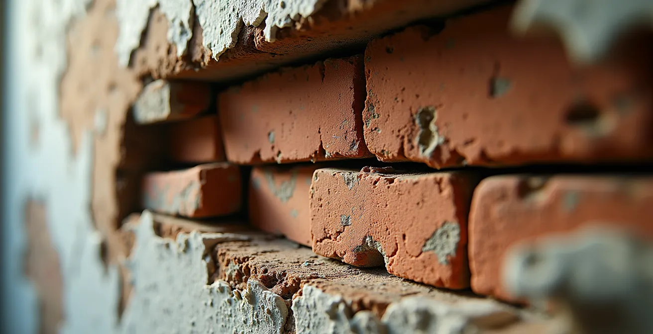 Vue en coupe montrant les différentes couches de rénovations successives dans un mur de maison ancienne