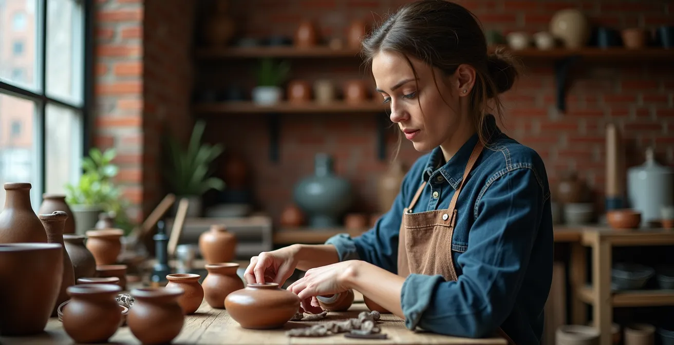 Artisan montréalais travaillant dans son atelier avec des créations faites main
