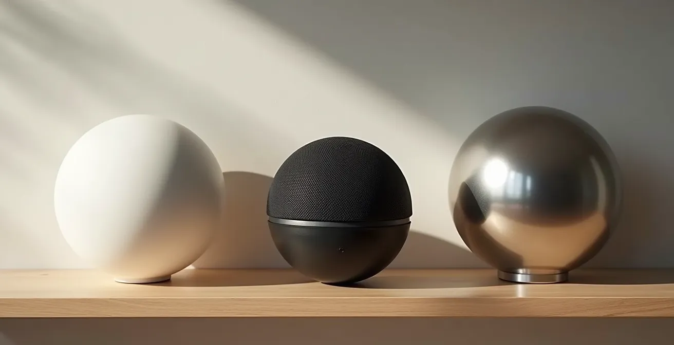 Trois assistants vocaux disposés sur une étagère moderne dans un salon canadien