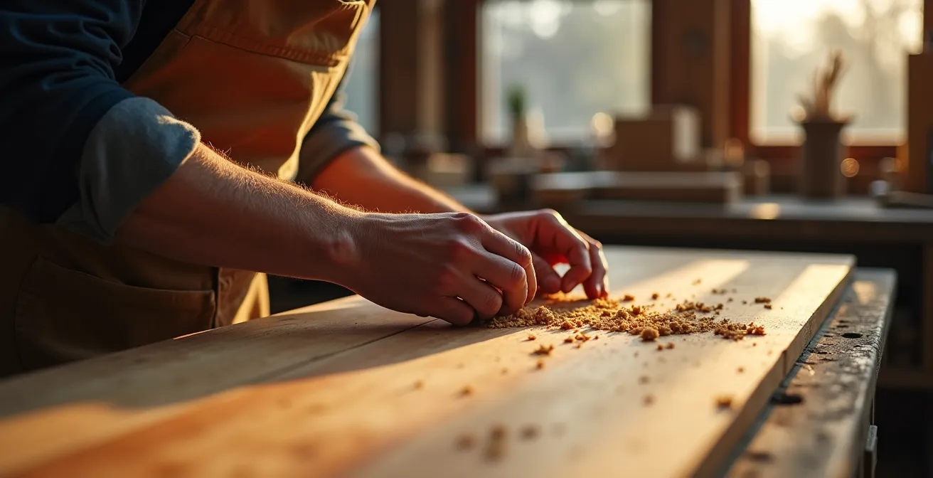 Atelier d'ébéniste québécois avec artisan travaillant sur une pièce de mobilier en bois local