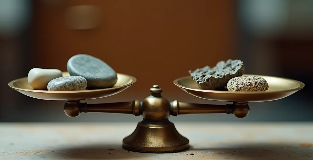 Gros plan sur une balance médicale vintage symbolisant l'équilibre entre risques et bénéfices d'un traitement