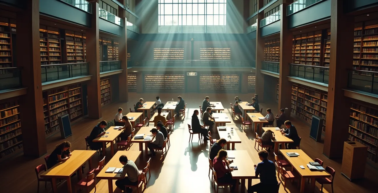 Intérieur lumineux de la Grande Bibliothèque avec lecteurs concentrés dans un calme absolu