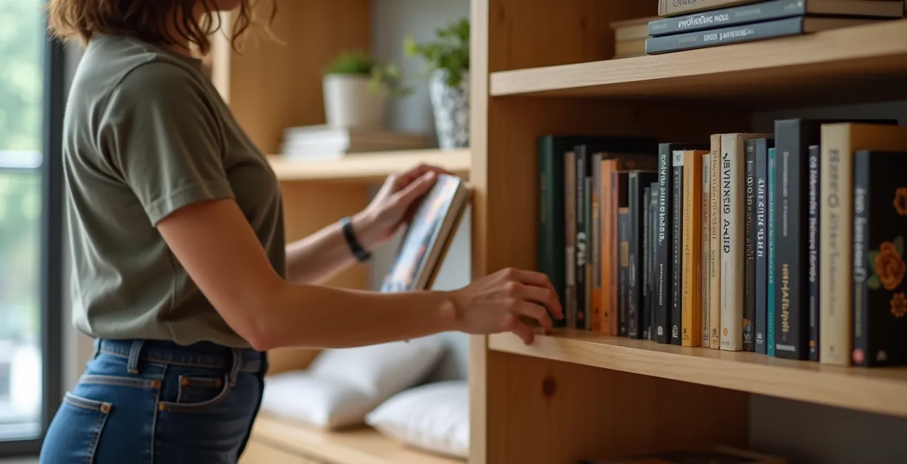 Bibliothèque ouverte servant de séparateur dans un appartement montréalais