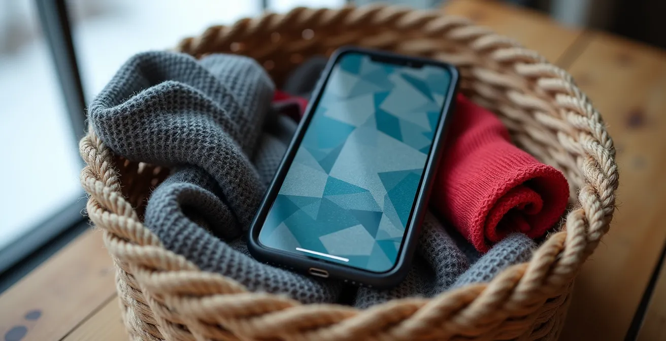 Gros plan sur un panier en osier contenant une corde à sauter, des bandes élastiques et un smartphone posé à côté sur une table en bois